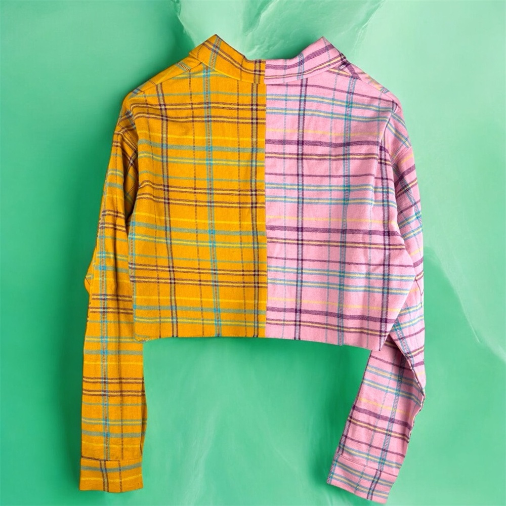 12th Tribe Colorblock Plaid Cropped Button Up Flannel Raw Hem Small - Picture 2 of 7